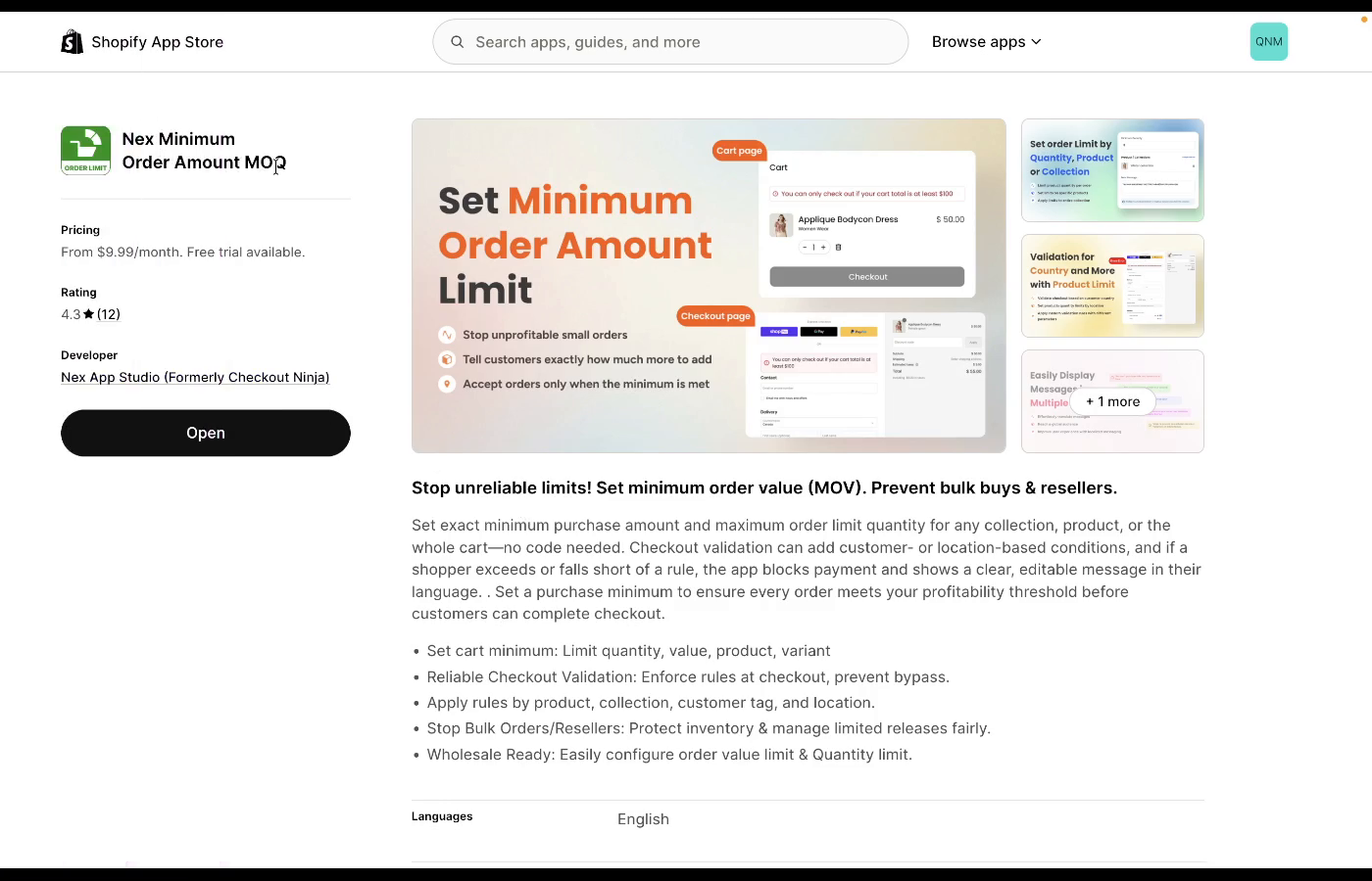 Nex MOQ app listing in the Shopify App Store