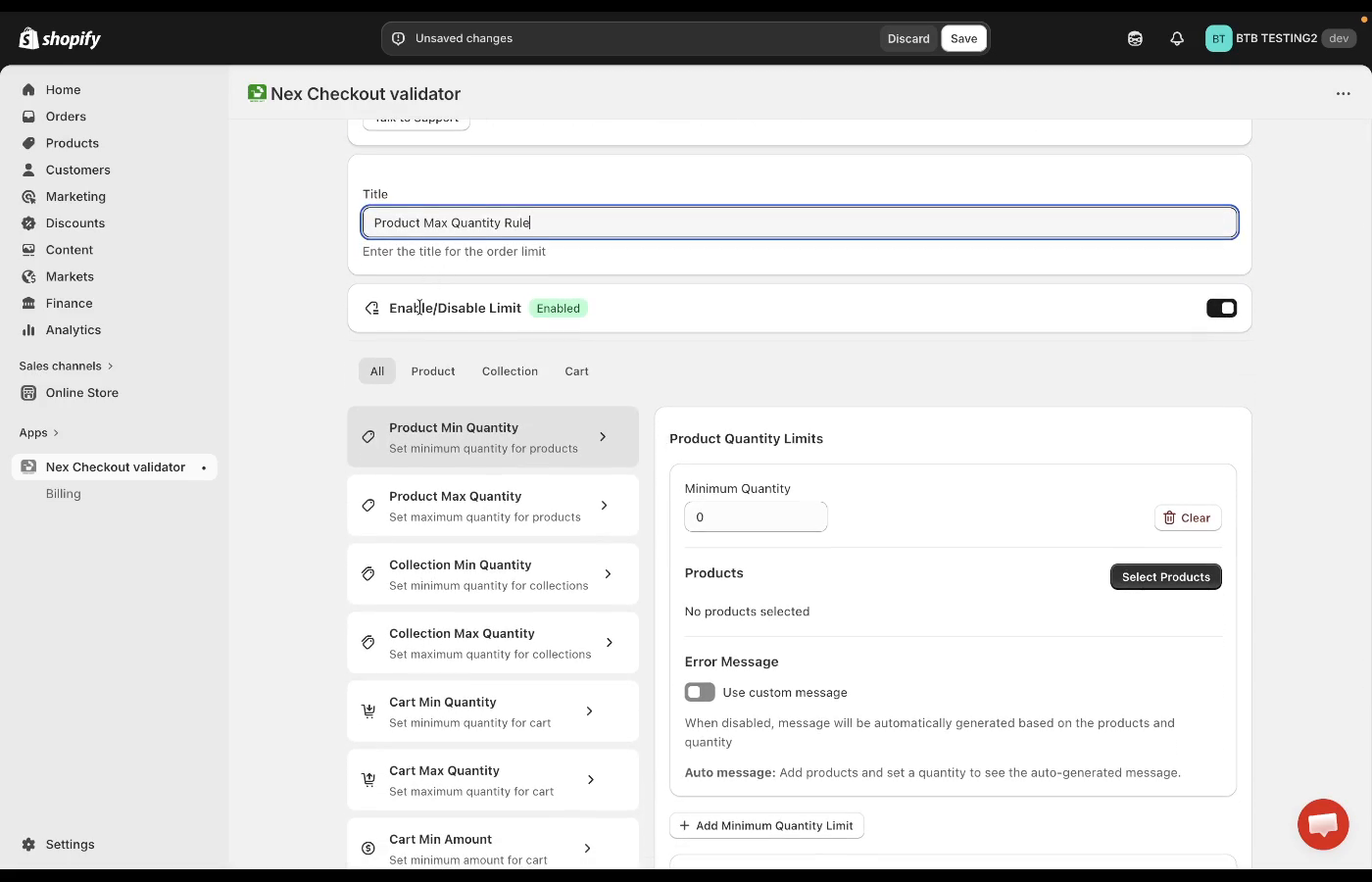 Nex Checkout Validator dashboard showing all rule types including Product Max Quantity