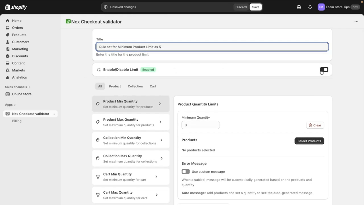 Nex Checkout Validator dashboard in Shopify admin showing all rule types
