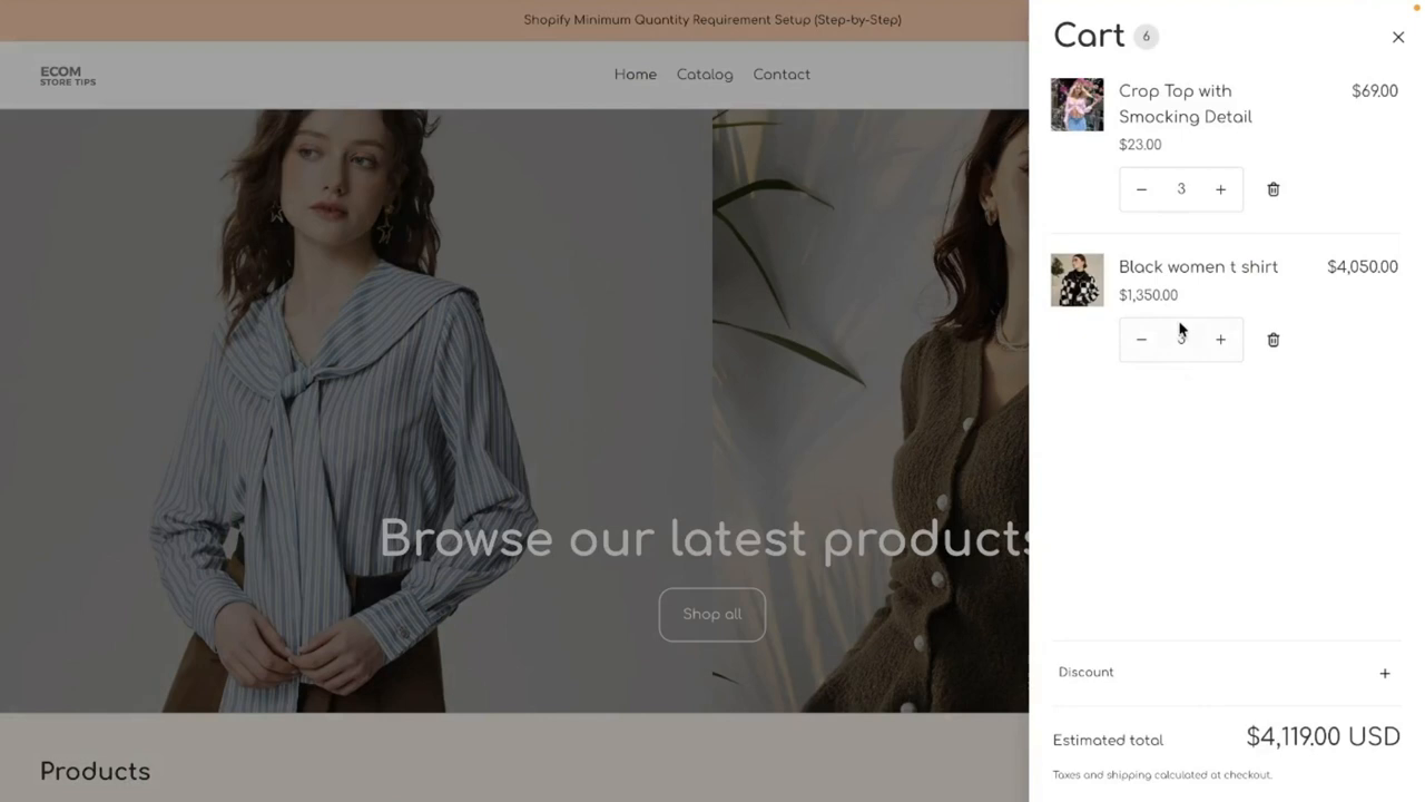 Shopify cart drawer showing products with quantities that need adjustment