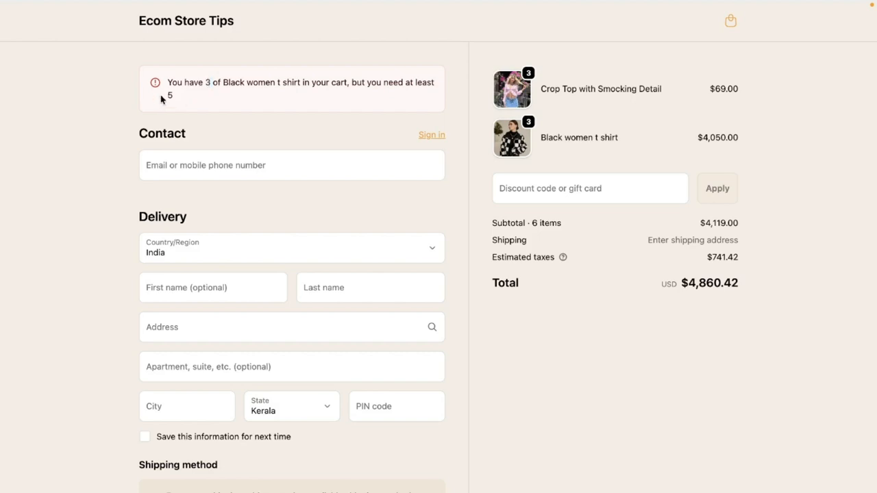 Shopify checkout showing validation error: minimum quantity not met