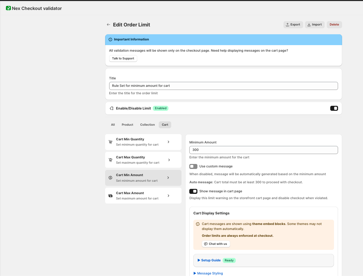 Setting $500 minimum order amount for wholesale customers