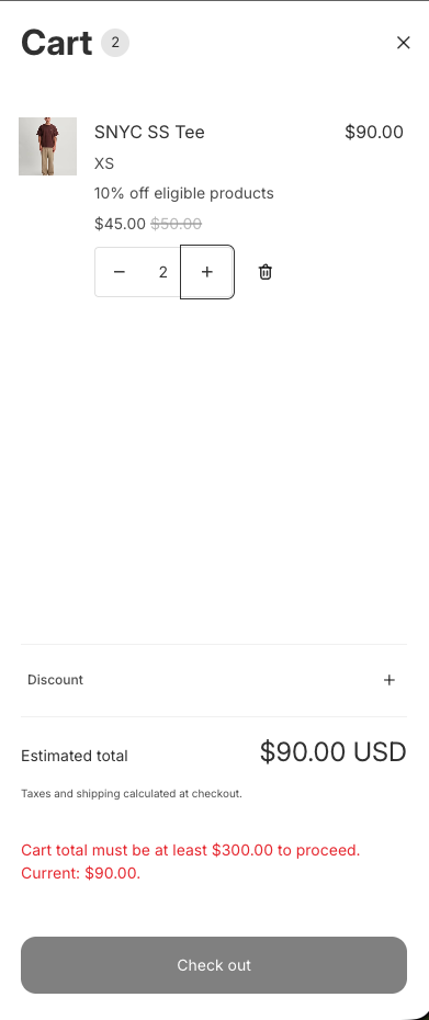 Wholesale customer sees the minimum order requirement at checkout
