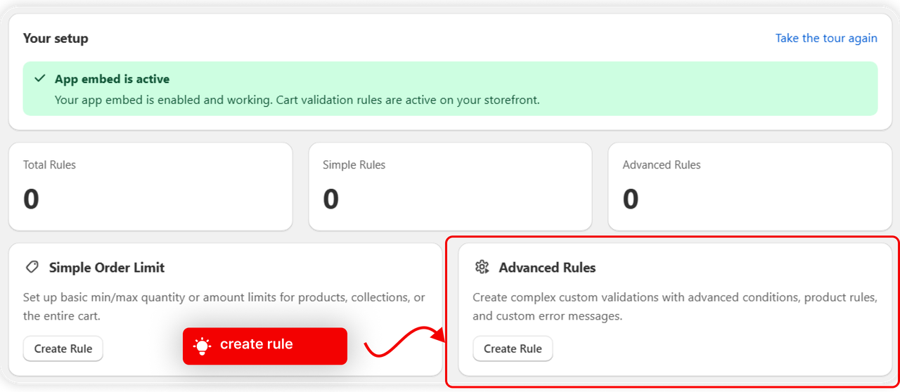 The Advanced Rules card and its Create Rule button on the dashboard