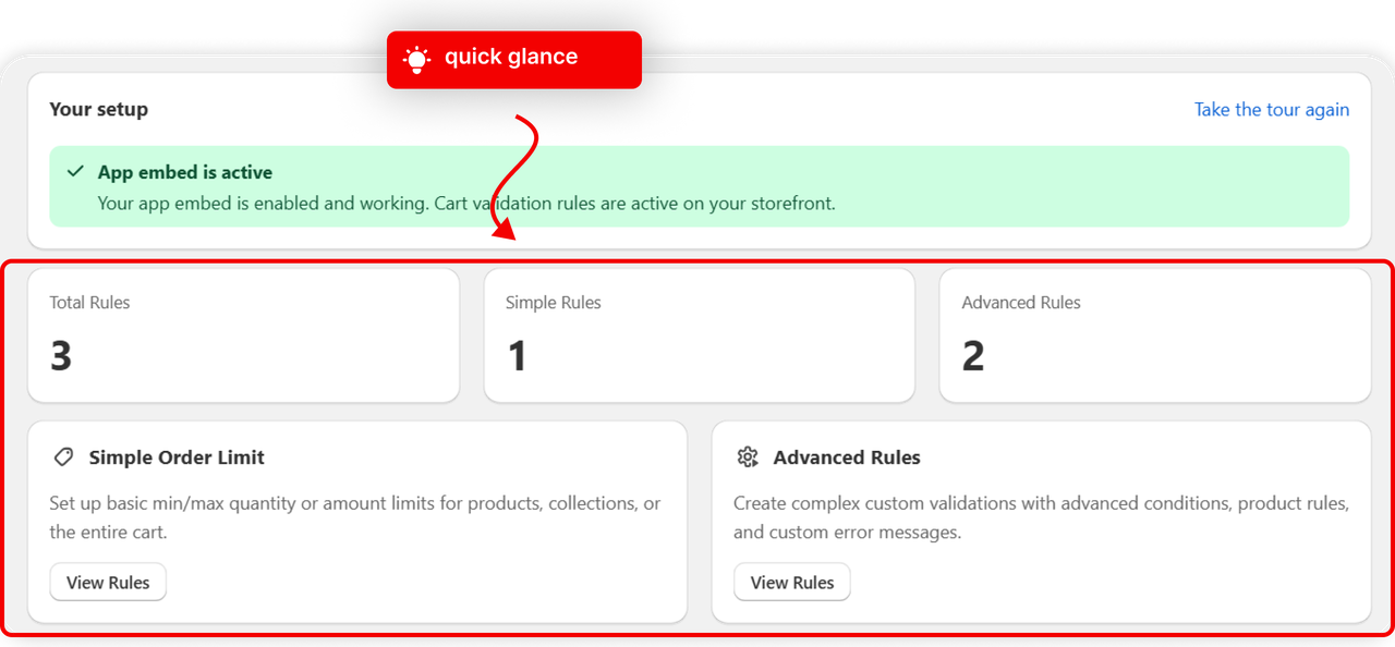 The Nex Validator dashboard with setup status, rule summary and action cards