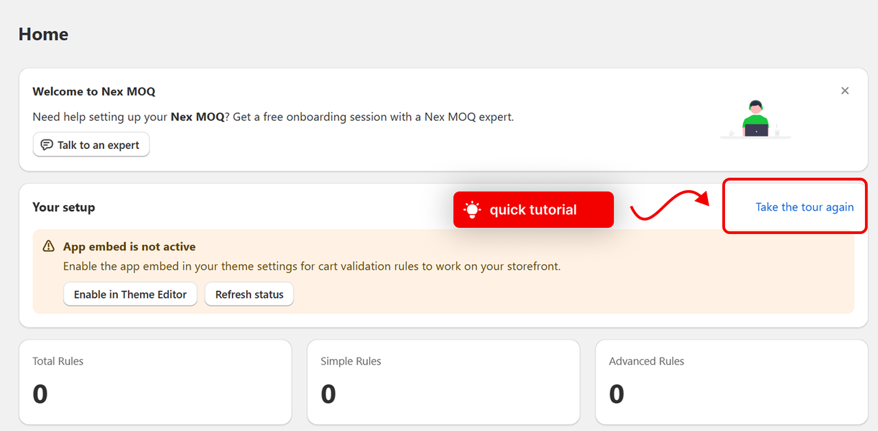 The Take the tour again link on the Your setup card