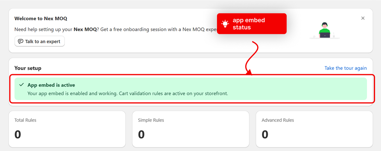 The Your setup card showing App embed is active