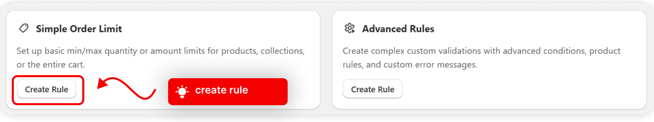 The Simple Order Limit and Advanced Rules cards on the dashboard