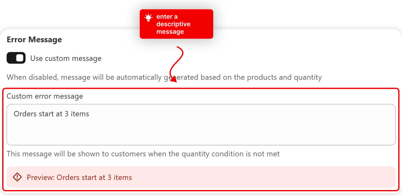 The Custom error message field filled in