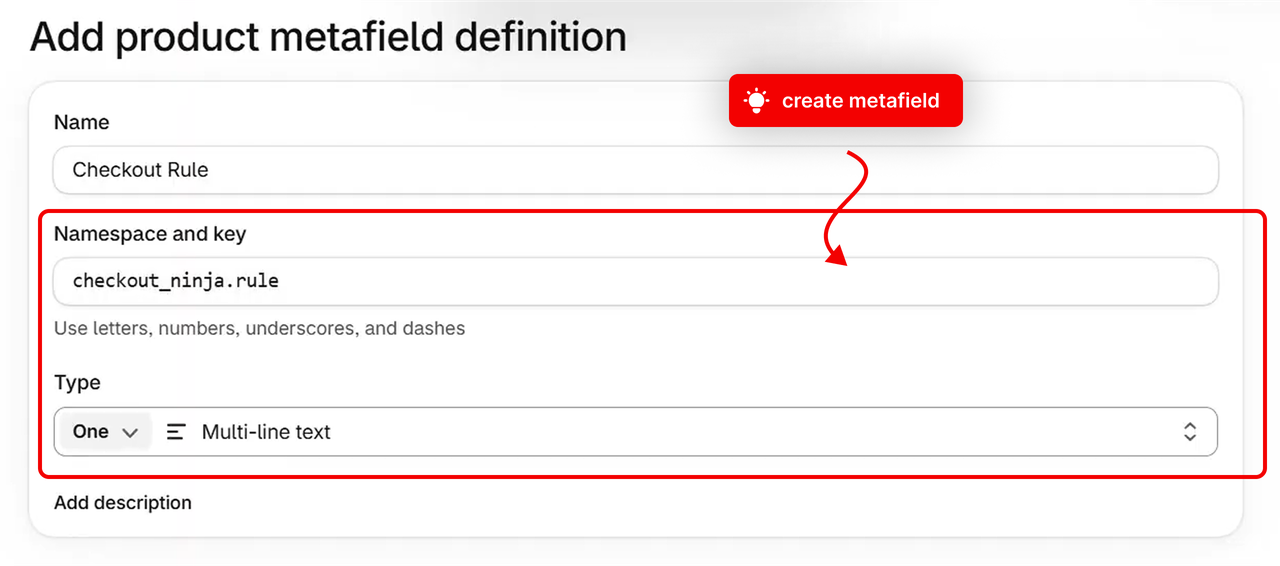 The Checkout Rule metafield definition: namespace and key checkout_ninja.rule, type Multi-line text