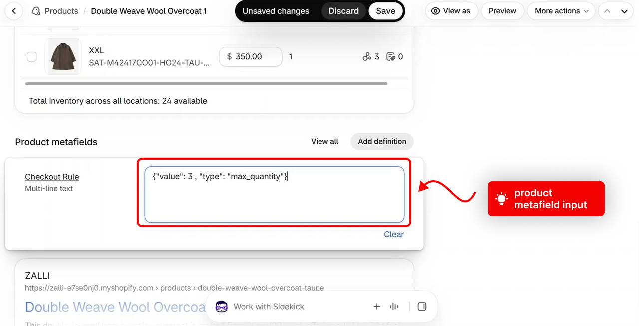 A product's Checkout Rule metafield set to {"value": 3, "type": "max_quantity"}
