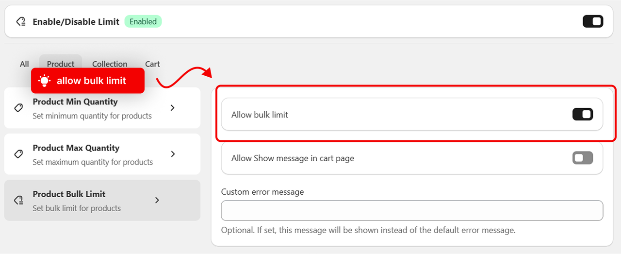 The Allow bulk limit toggle switched on in the rule form
