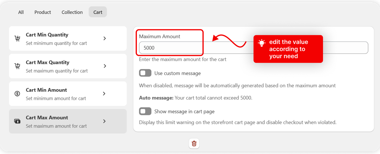 Cart Max Amount selected with its value set