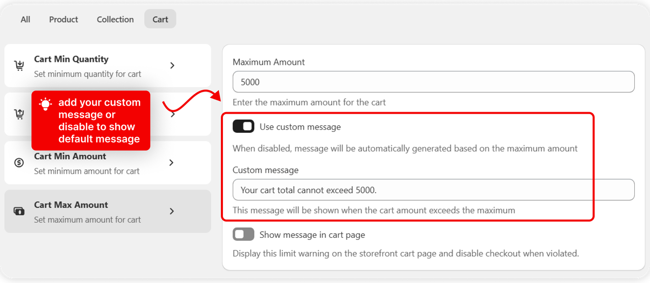 The custom message written on the rule