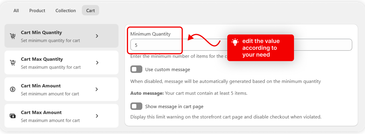 Cart Max Quantity selected with its value set