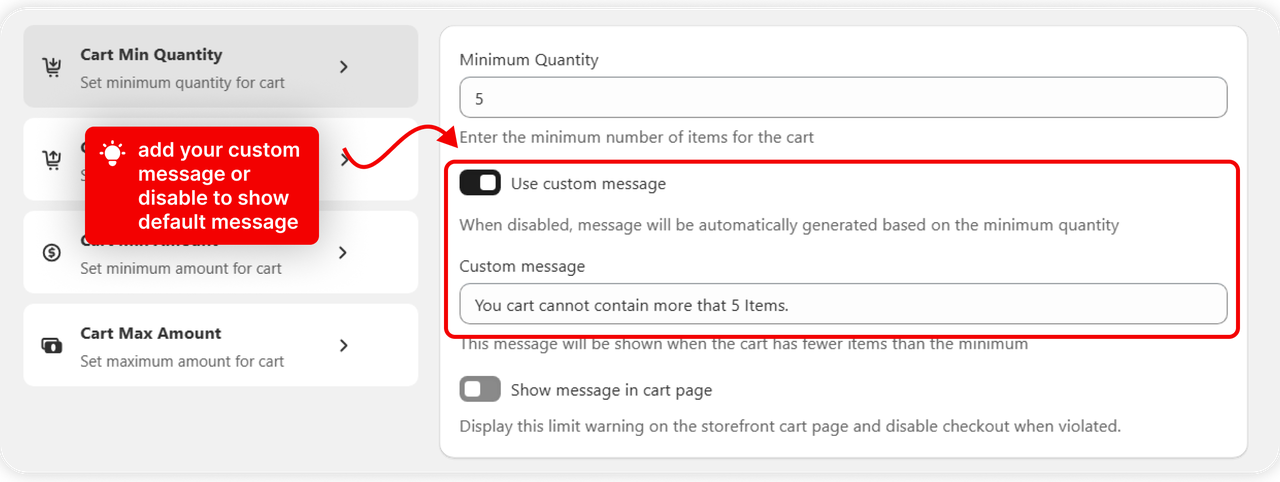 The custom message written on the rule