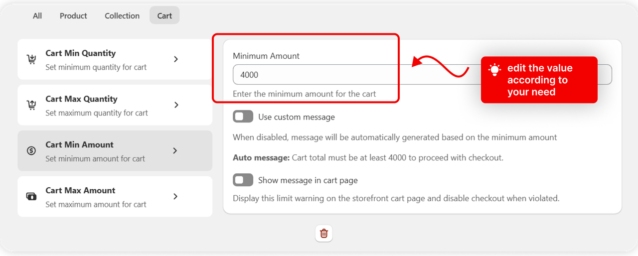 Cart Min Amount selected with its value set