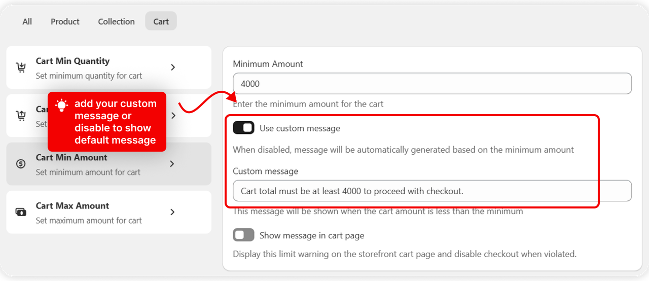 The custom message written on the rule