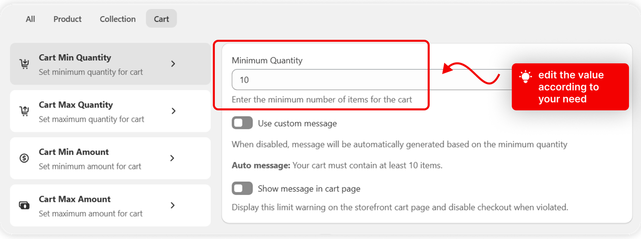 Cart Min Quantity selected with its value set