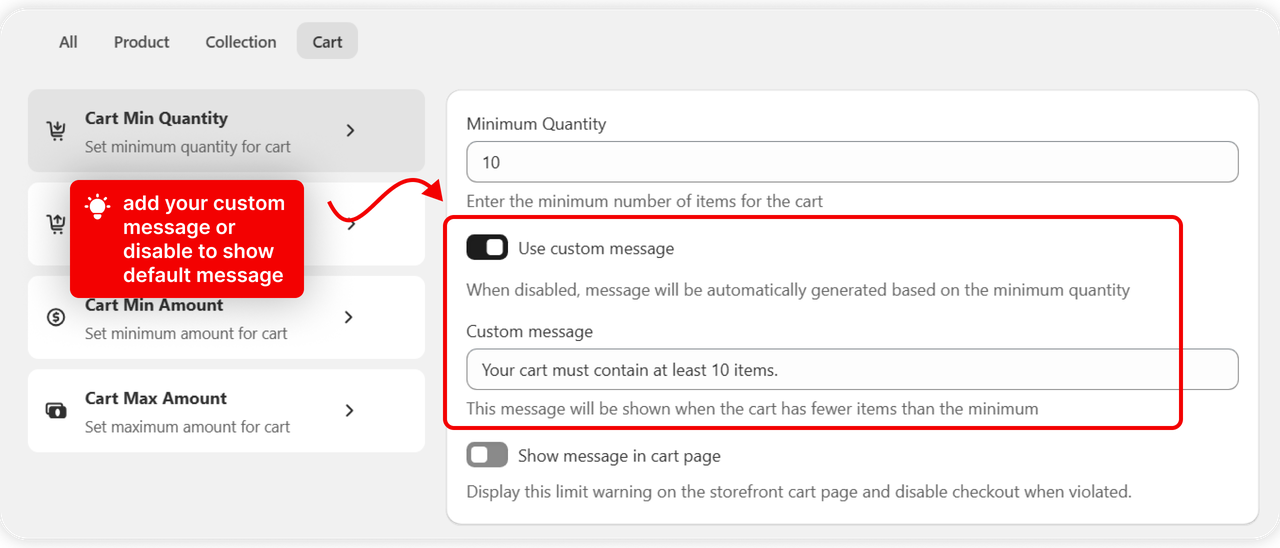 The custom message written on the rule