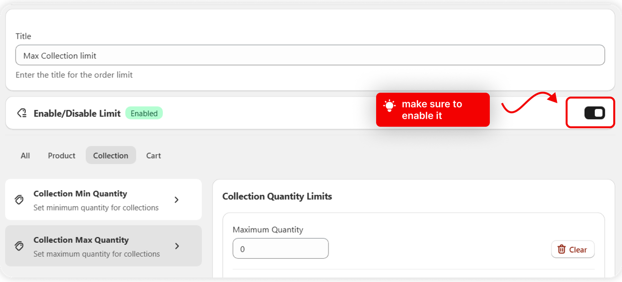 A titled rule with Enable/Disable Limit switched on