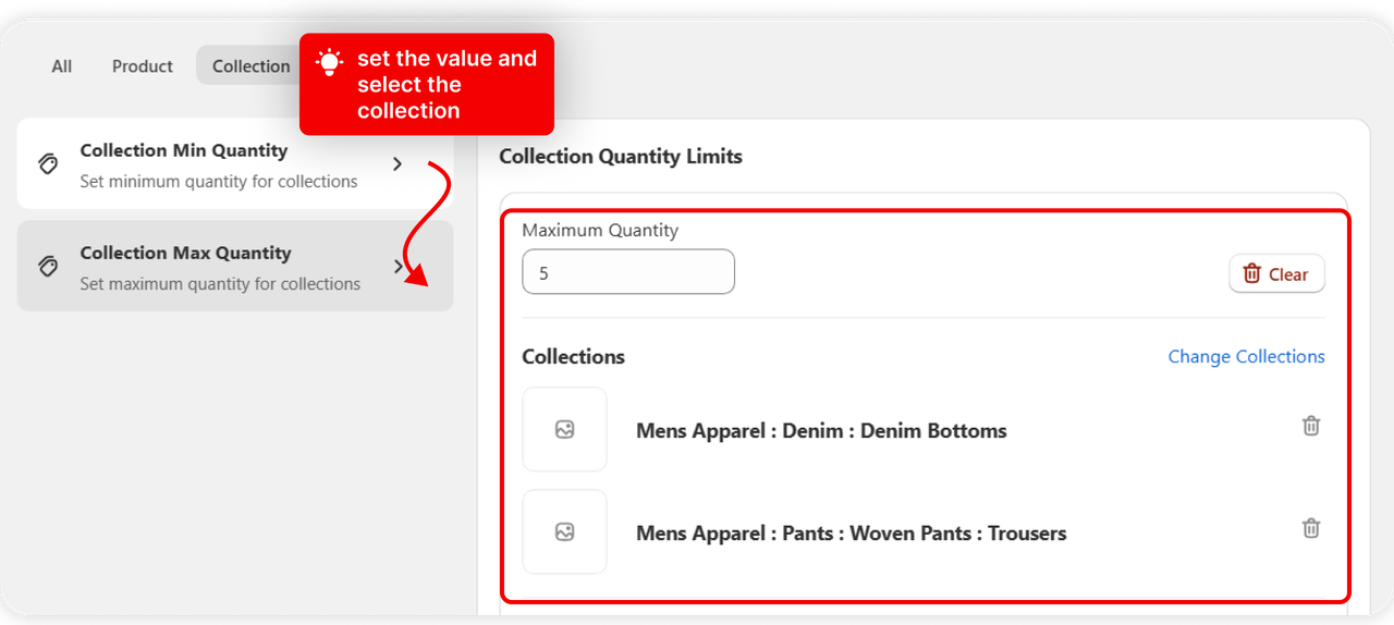 Collection Max Quantity selected with its value set