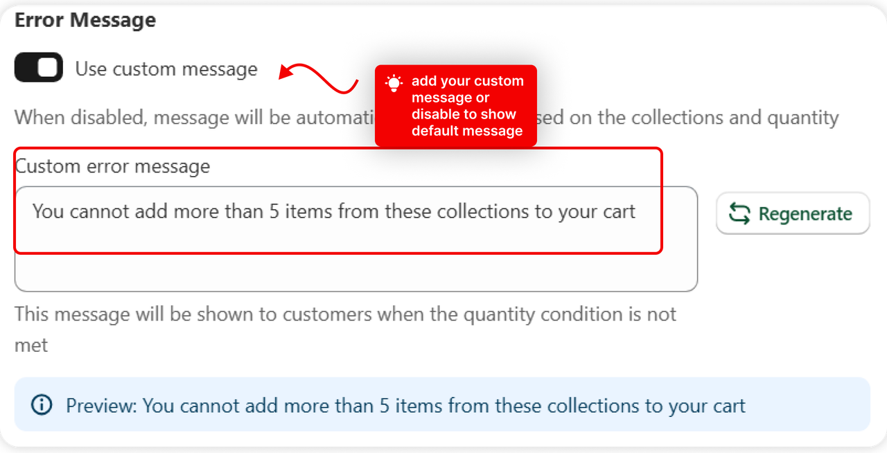 The custom message written on the rule