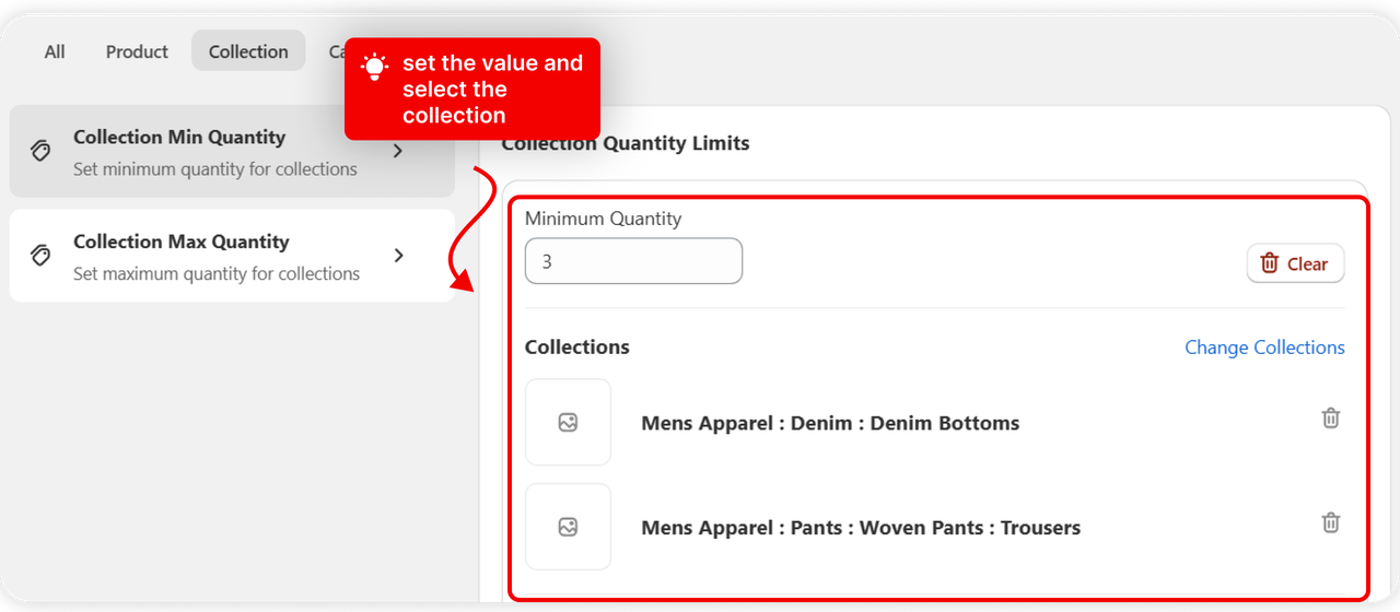 Collection Min Quantity selected with its value set