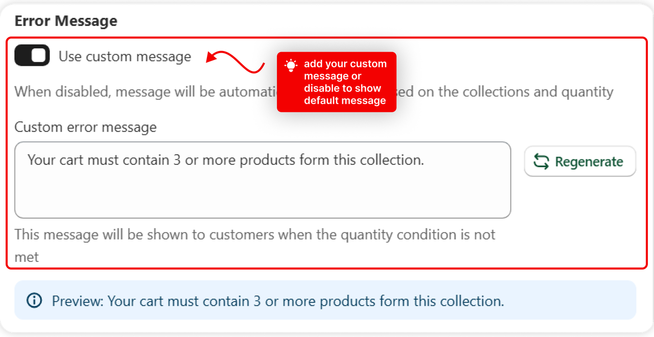 The custom message written on the rule