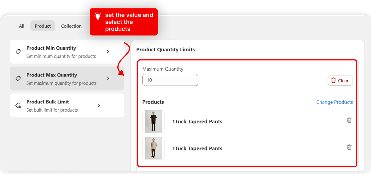 Product Max Quantity selected with its value set