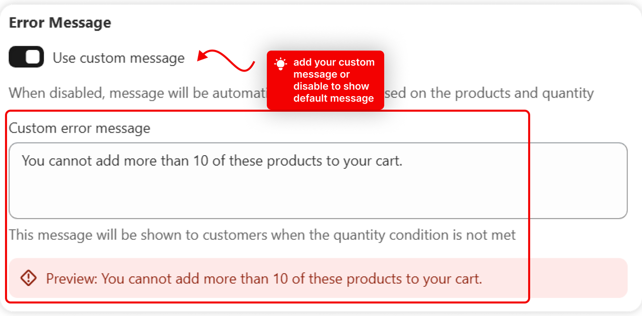 The custom message written on the rule