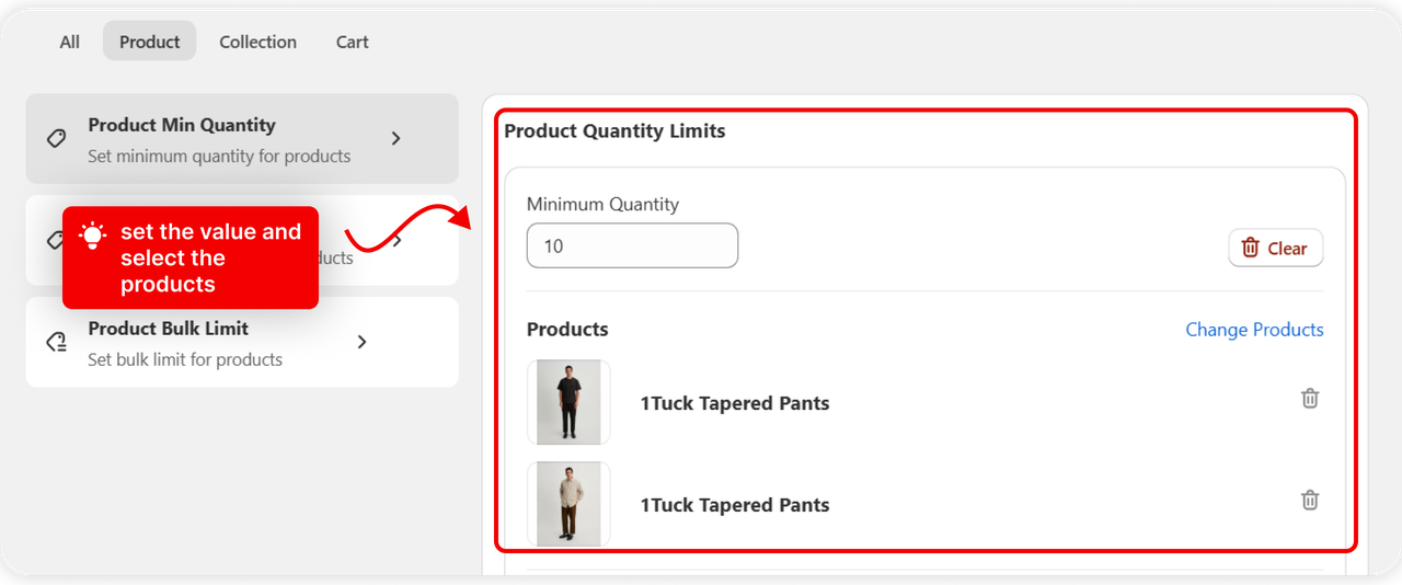 Product Min Quantity selected with its value set