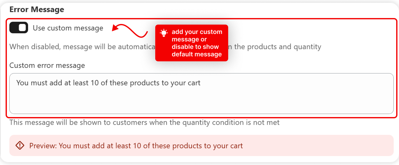 The custom message written on the rule
