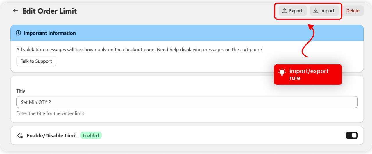 The Export and Import actions in the rule editor