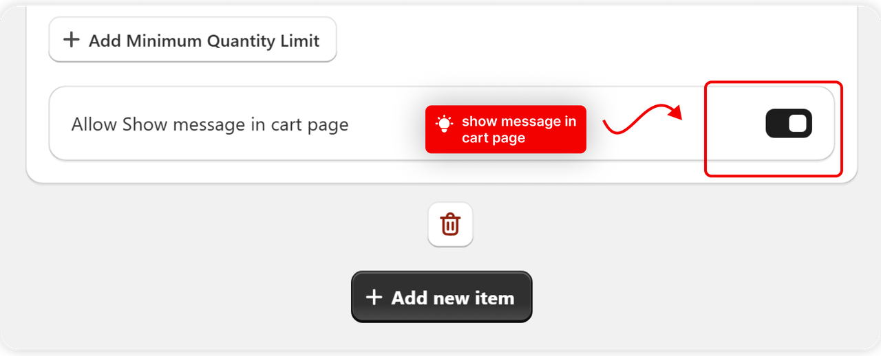 The Show message in cart page toggle switched on