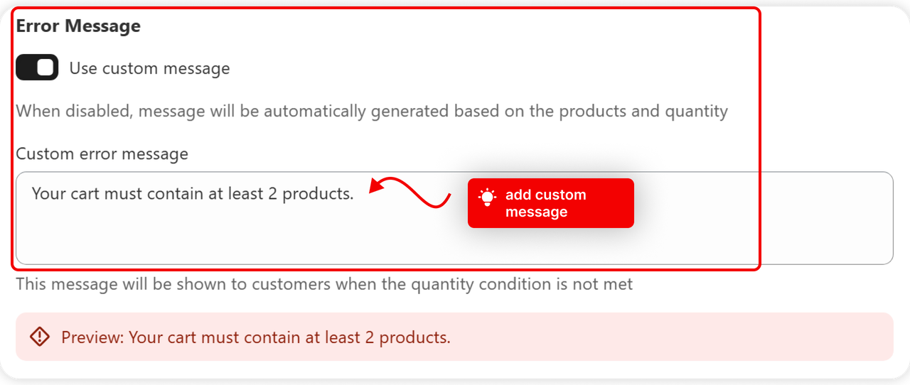 Use custom message enabled, with text in the Custom error message field