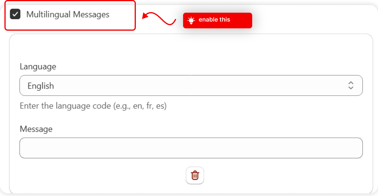 Multilingual Messages switched on in the rule form