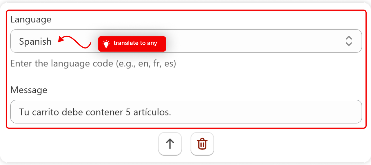 A language picked and its message entered under Add message translations