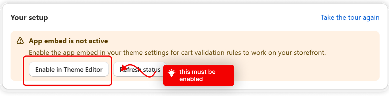 The Your setup card showing app embed status on the dashboard