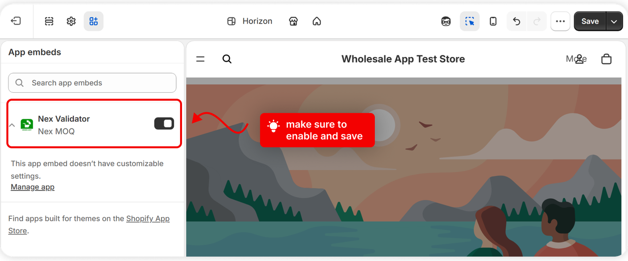The app embed toggle in the theme editor App embeds panel