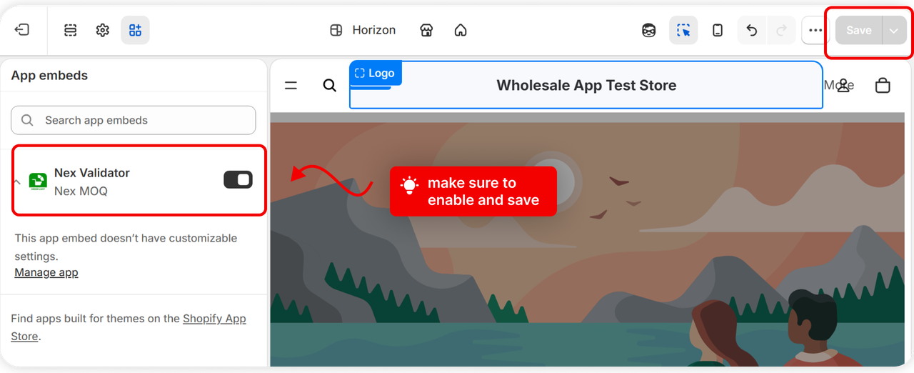 The theme editor Save button after switching the embed on