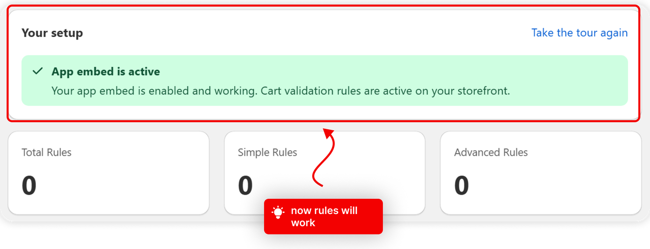 The Your setup card reading App embed is active