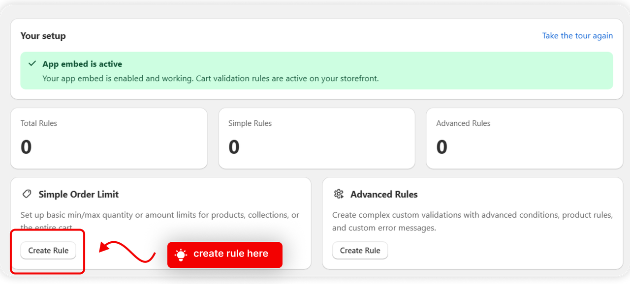 The Create Rule button on the Simple Order Limit screen