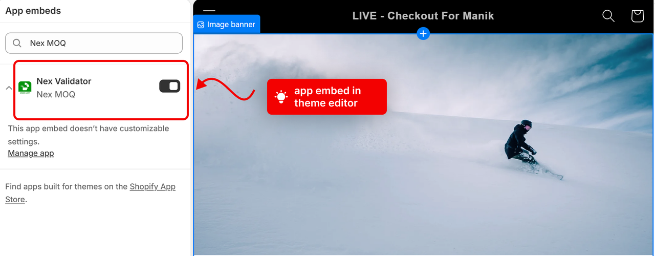 The app embed switched on in the Shopify theme editor