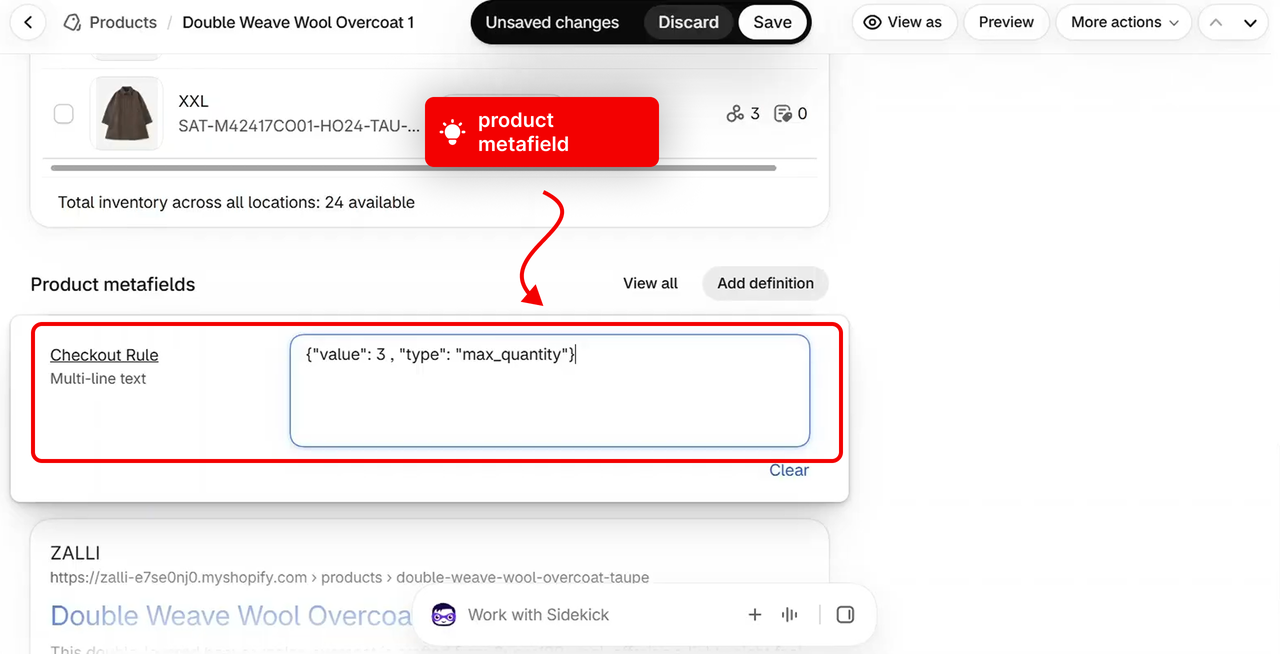 The Checkout Rule metafield on a product in the Shopify admin, here set to a max_quantity of 3